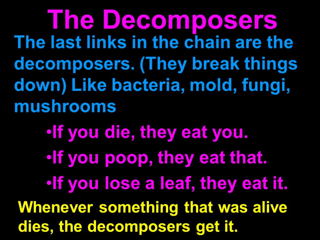 The last links in the chain are the decomposers. (They break things down) Like